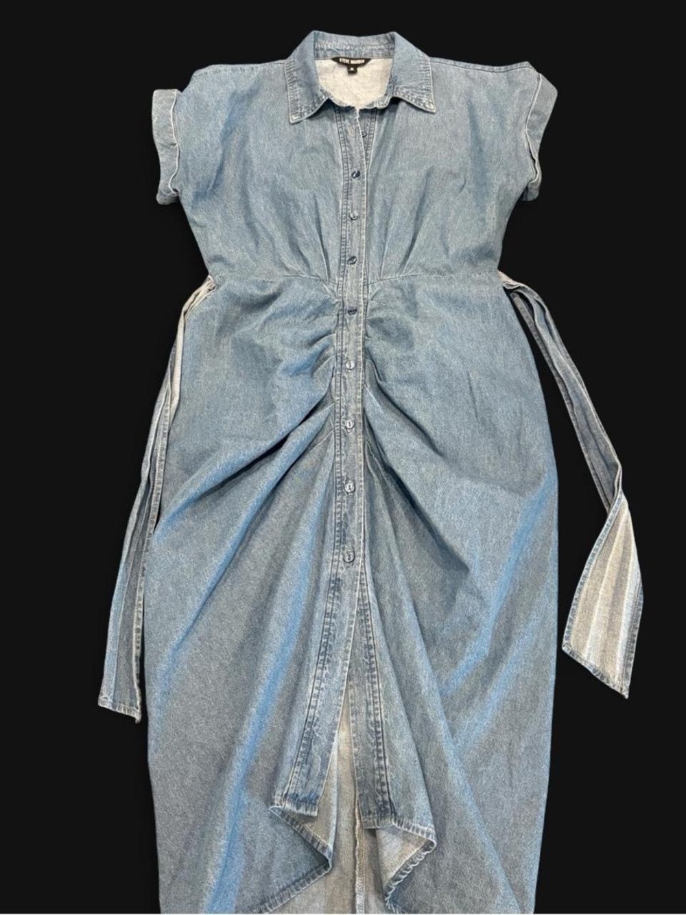 Steve Madden ruched Denim Button-Front Dress with Tie Waist - Picture 2 of 4